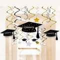Graduation party hanging swirls set with black mortarboard caps and gold star pendants - Style Four (B-1-4)