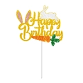 Glittery gold Happy Birthday cake topper with white rabbit ears and carrot for Easter party - Happy Birthday Cake Topper (Rabbit Design)