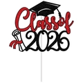 Topper per torta glitter Class of 2026 con testo rosso, tocco e pergamena laurea - Rosso