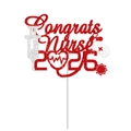 Topper per torta Congrats Nurse 2026 rosso glitterato con siringa e stetoscopio - Decorazione Grande per Torta Congratulazioni Infermiera 2026