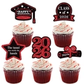 Red glitter Class of 2026 cupcake toppers set with doctoral cap and diploma for graduation - Five-Piece Set / Red