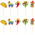 Décorations de cupcakes Fiesta avec taco, piñata, piment, cactus et motifs d'avocat - Toppers de Gâteau Thème Mexicain