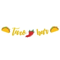 Striscione Taco Bar dorato glitterato con icone taco e peperoncino per feste - Striscione Taco Bar