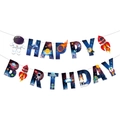 Happy Birthday banner in ruimtethema met astronauten, raketten en sterrenhemel-patroon - Happy Birthday Banner