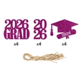 Set di 12 etichette laurea 2026 viola glitterate con cappelli, pergamene e spago - Rosso Rosa Glitter