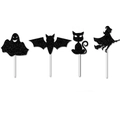 Dettaglio delle decorazioni per torta di Halloween con glitter neri e fantasmi - Combinazione di Topper Glitterati Neri Fantasma, Pipistrello, Gatto e Strega