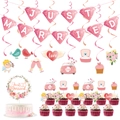 Pink Just Married party decoration set with spiral swirls and cake toppers for weddings - Complete Party Decor Set (Y-0007)