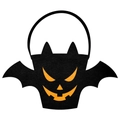 Detailed view of black felt Halloween bat bag with vibrant orange pumpkin face decoration - Bat