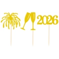 Adornos de pastel dorados con purpurina 2026 y copas de champán para Año Nuevo - Juego de Adornos para Cupcakes