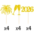 Set de 12 adornos para magdalenas Año Nuevo 2026 con purpurina dorada, fuegos y copas - Juego de Toppers Estilo Mixto (Y-00018-3)