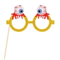 Close-up of golden glitter Halloween glasses with bloodshot eyeballs and a handheld stick - Eyeball Style (mys0001-1)