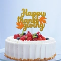 Golden Happy Thanksgiving cake topper with orange maple leaves on a fresh fruit cream cake - Happy Thanksgiving Cake Topper (MYS0262-3)