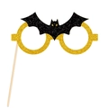 Close-up of Halloween glitter bat photo prop with golden frames and hand-held wooden stick - Bat Style (mys0001-5)