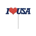Glitter I Love USA cake topper with blue letters and red heart for Independence Day party - I Love USA (Red & Blue)