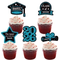 Blue glitter Class of 2026 graduation cupcake toppers set with 5 unique decorative designs - Five-Piece Set / Lake Blue