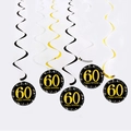 Dettaglio di spirali da soffitto nere e oro per il 60° compleanno con cartoncini - Stile 60° Traguardo