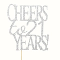 Dettaglio decorazione torta argento glitter Cheers to 21 Years con bastoncino - 21 Anni / Argento