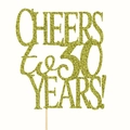 Close-up of gold glitter 'Cheers to 30 YEARS!' cake topper for birthday or anniversary - 30 Years / Gold