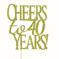 Detail of glittery gold 'Cheers to 40 Years' cake topper for anniversary celebrations - 40 Years / Gold