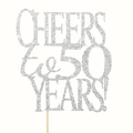 Silver glitter Cheers to 50 Years cake topper with sparkling finish and wooden stick - 50 Years / Silver