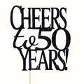Detail of black glitter 'CHEERS to 50 YEARS!' cake topper with sparkles and wooden stick - 50 Years / Black