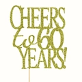 Close-up of golden glitter 'CHEERS to 60 YEARS' cake topper for diamond anniversary - 60 Years / Gold