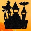 Topper per torta Halloween nero glitterato con sagome di strega, castello e pipistrelli - Topper Grande Castello ed Elementi Silhouette Glitterati Neri