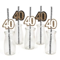 Gold glitter number 40 straw toppers on black and white straws for birthday parties - Age 40 Style
