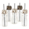 50th birthday party paper straws with gold glitter numbers and black white stripes - Age 50 Style