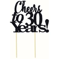 Detail of black glitter Cheers to 30 Years cake topper with sparkling finish and wooden sticks - Cheers to 30 years! / Glitter Black