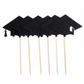 6er-Set schwarze Glitzer-Abschlusskappen-Cupcake-Topper auf Holzstäbchen für Partys - Schwarz Stil (mys0407-1) / 6 Stück / Packung