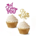 Glitter paper cupcake toppers with I Love You and Be Mine signs for Valentine's Day party - Gold Be Mine