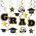 Graduation party decorations set with black and gold hanging spirals and grad foil swirls - 14pcs Single Swirls + 6pcs Double Swirls