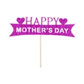 Purple glitter Happy Mother's Day cake topper with hearts and a wooden support stick - Happy Mother's Day / Purple