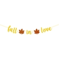 Gold glitter 'fall in love' banner with orange maple leaves for autumn party decor - Fall In Love Maple Leaf (mys0209-3)