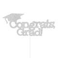 Silver glitter Congrats Grad cake topper with graduation cap for party decor - Silver Style (mys0406-5)