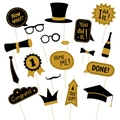 Black and gold graduation photo booth props with mortarboard and champagne bottle designs - 19-Piece Set (mys0256-9)