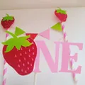 Strawberry ONE theme cake topper set with pink triangle flags and glitter strawberry - Strawberry Theme First Birthday Bunting and Topper Combo
