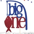 Topper per torta a tema pesca 'big one' per primo compleanno con glitter rossi e blu - Tema della Pesca Big One