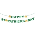 Glittery Happy St. Patrick's Day banner with green letters and gold shamrocks on white background - Glitter HAPPY ST PATRICKS DAY Letter Banner