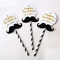 Set da 3 pezzi topper torta Happy Birthday con baffi neri e scritte in oro - Set di Compleanno (3 Pezzi)