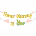 Striscione primo compleanno Some Bunny is One con glitter dorati e coniglietti rosa - Striscione di Pasqua Some Bunny is One (mys0119)