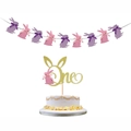 Easter bunny party set with glitter One cake topper and pink purple rabbit banner - Combination Set (Bunting + Topper)