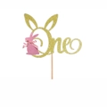 Decorazione per torta dorata glitterata 'One' con coniglio per primo compleanno - Cake Topper One