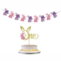 Set decorativo 1 compleanno coniglietto Pasqua, ghirlanda rosa viola e topper dorato One - Set Combinazione (Striscione + Topper)