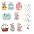 Set of 2 Easter party hanging swirls with rabbits, colorful eggs, and Happy Easter signs - 8Pcs Spiral Hanging Ornaments Set (C-10032)