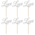 Set di 6 decorazioni per torte Love in glitter argento per matrimoni e compleanni - Argento