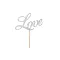 Topper per torta Love glitter argento con bastoncino in legno per matrimoni e feste - Grande / Argento