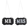 Vintage MR & MRS chair signs with elegant scalloped edges and white hanging ribbons - Black Cardboard Style