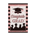 Bandera de jardín graduación vertical con purpurina rosa 'Congrats GRAD' y siluetas - Estilo a Rayas Rosa y Negro (J-0574-3)